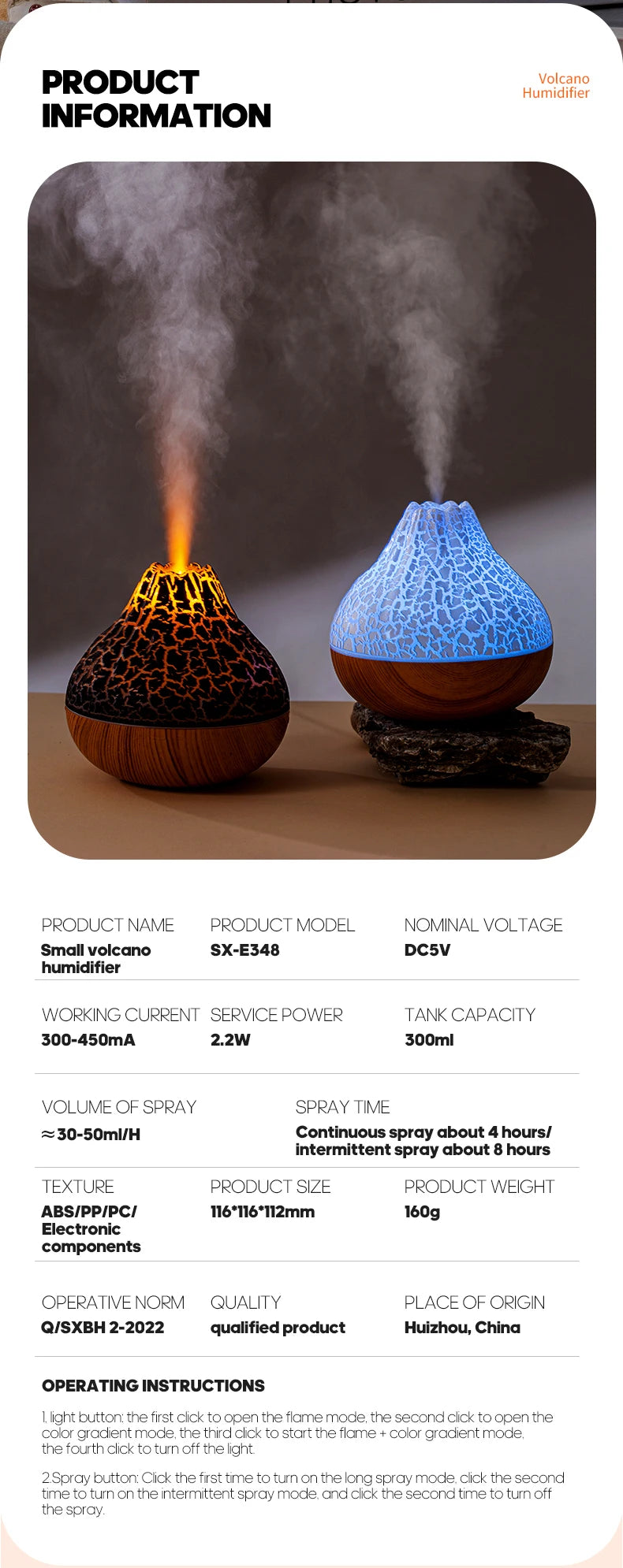 Volcano Air Humidifier Desktop Water Mist